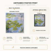 Claude Monet - Nympheas Water-lilies poster print size comparison and framing display infographic