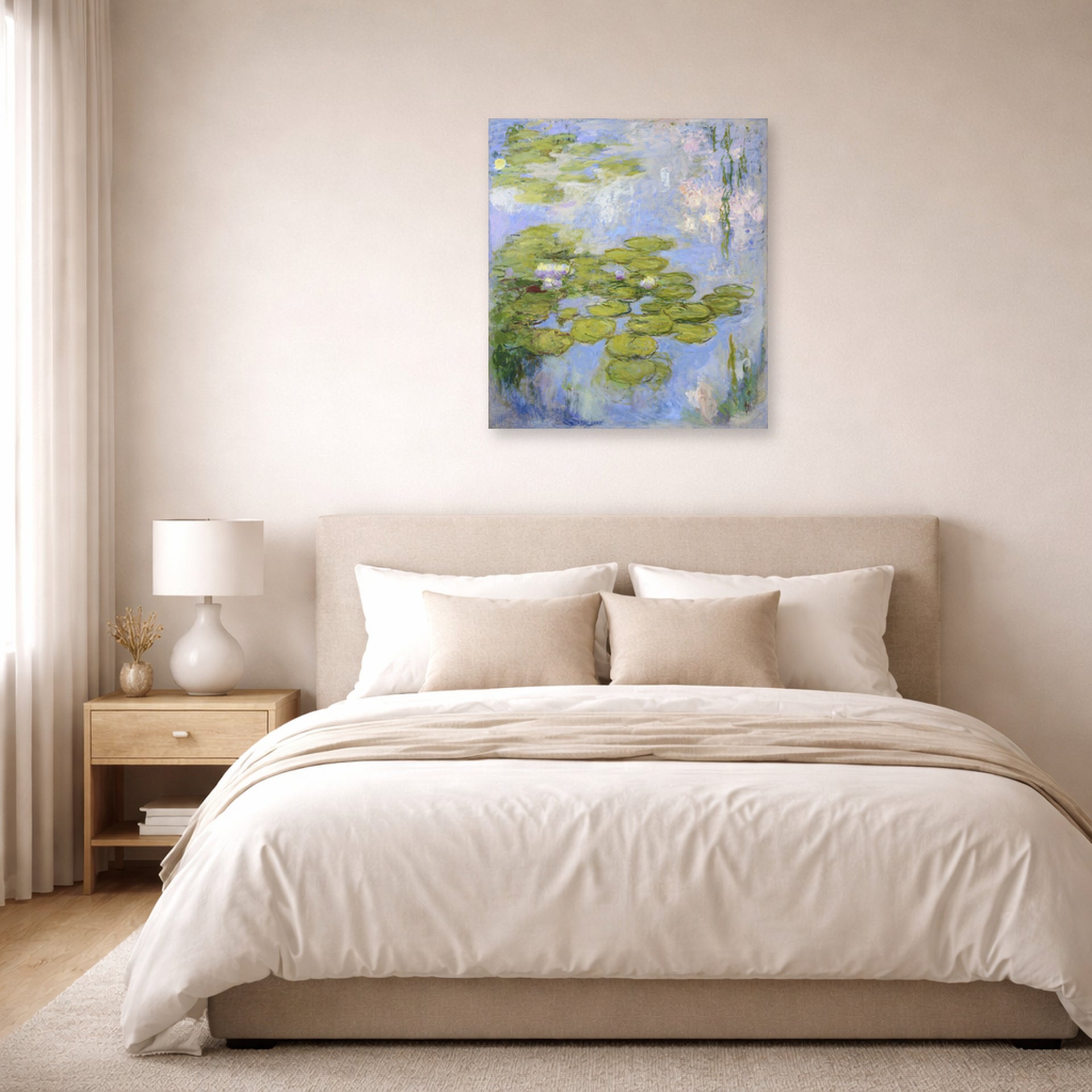 Unframed poster print of Claude Monet's 'Nympheas Water-lilies' displayed on a wall in a bedroom