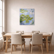Unframed poster print of Claude Monet's 'Nympheas Water-lilies' displayed on a wall in a dining room