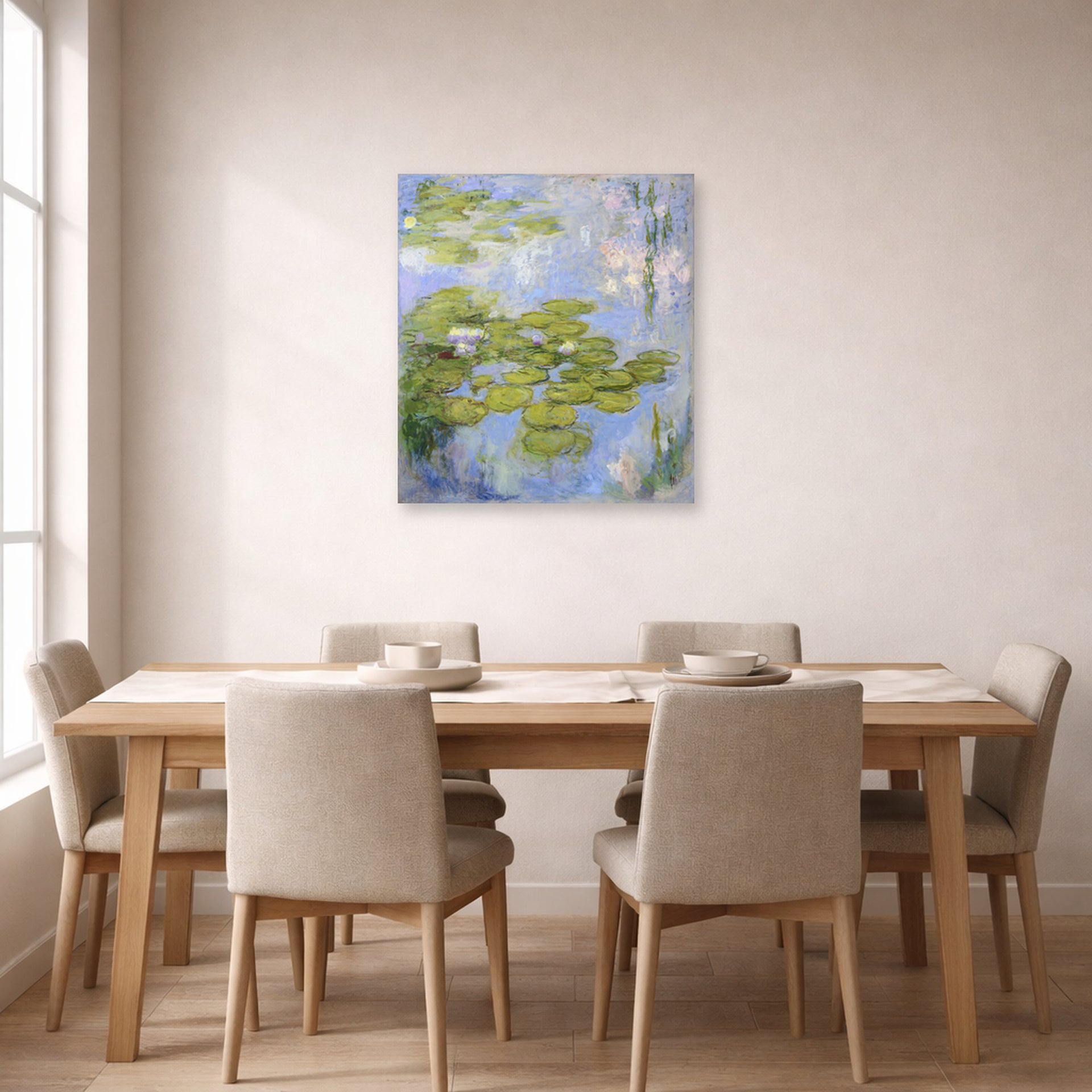 Unframed poster print of Claude Monet's 'Nympheas Water-lilies' displayed on a wall in a dining room