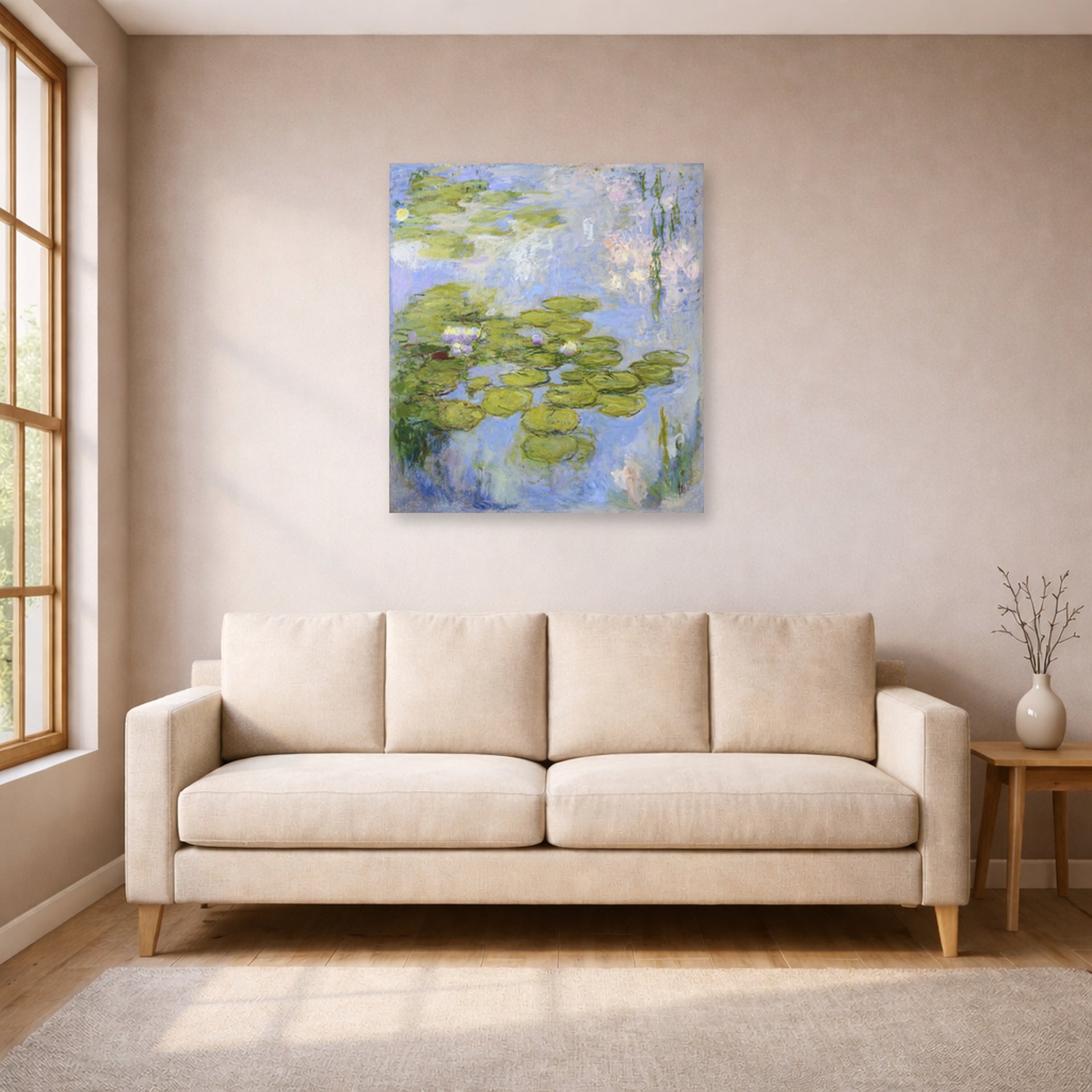 Unframed poster print of Claude Monet's 'Nympheas Water-lilies' displayed on a wall in a living room