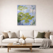 Unframed poster print of Claude Monet's 'Nympheas Water-lilies' displayed on a wall in a living room