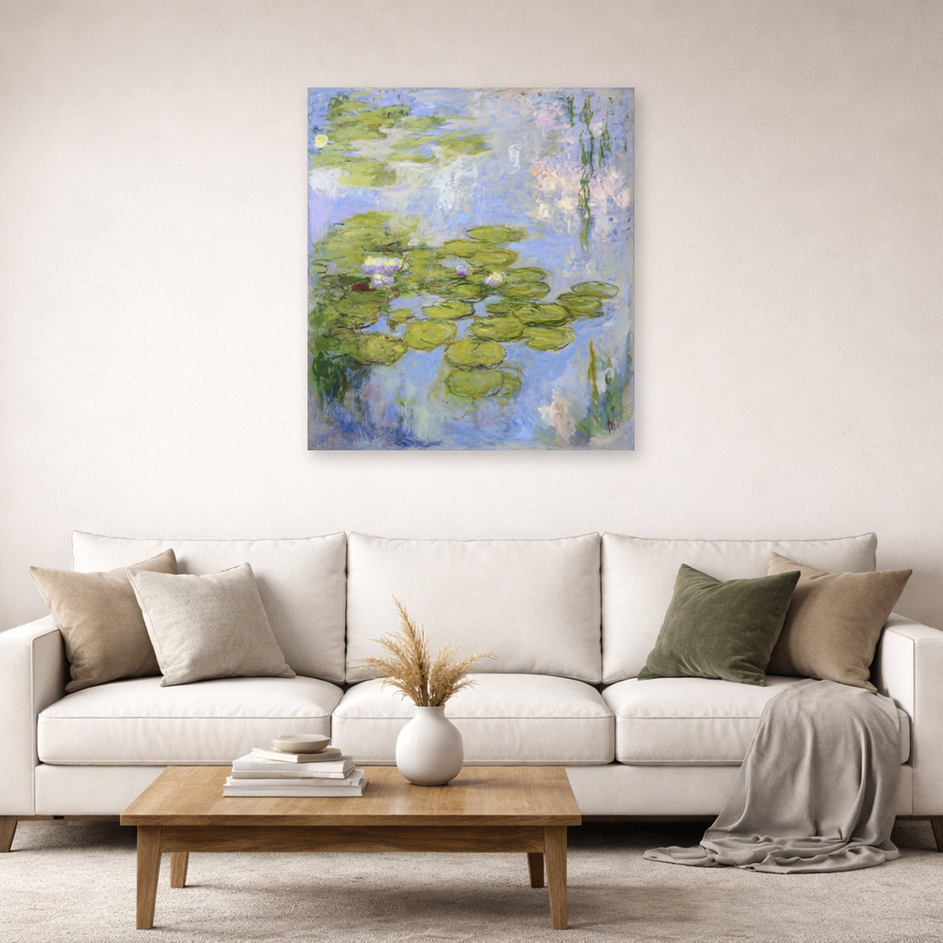 Unframed poster print of Claude Monet's 'Nympheas Water-lilies' displayed on a wall in a living room