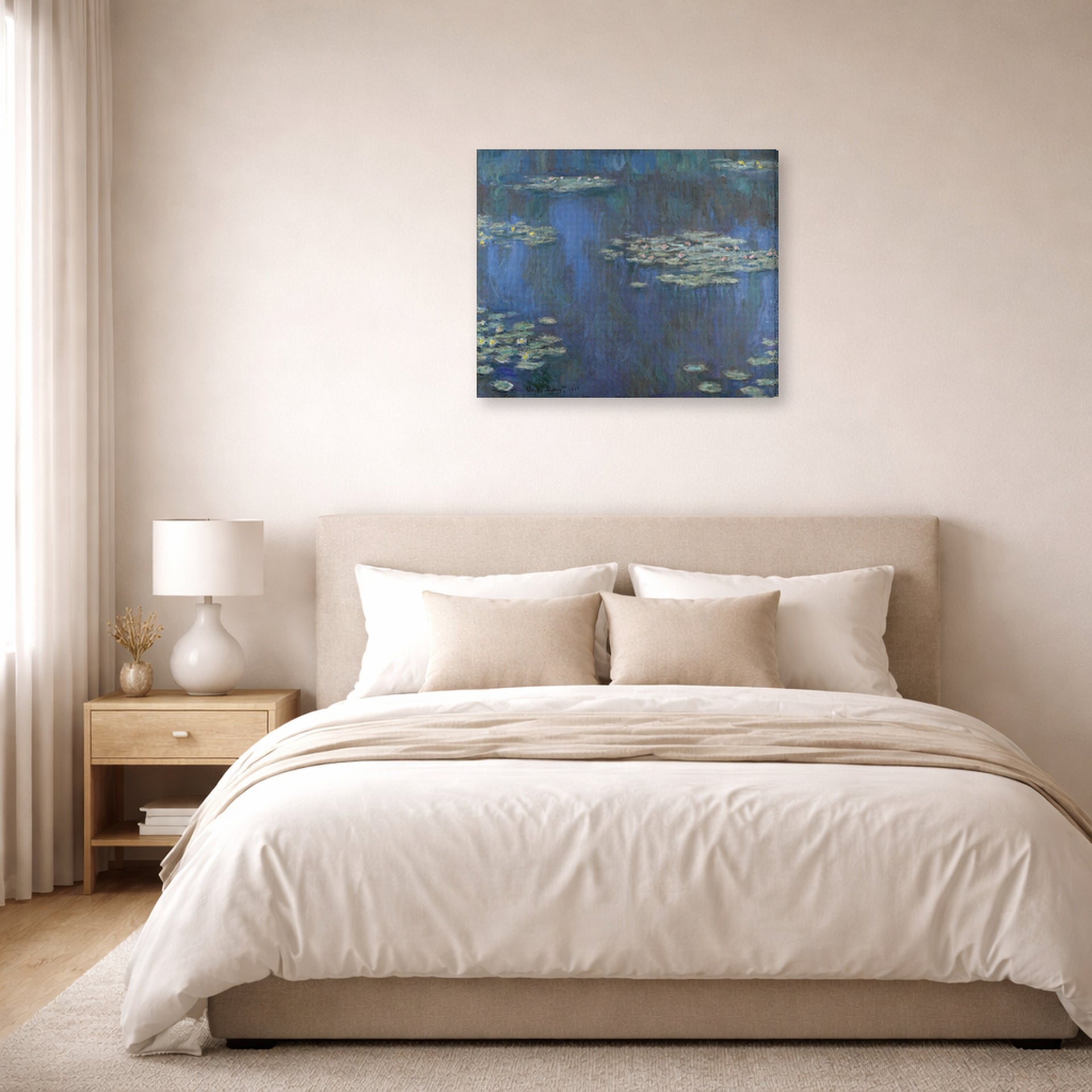 Gallery-wrapped canvas print of Claude Monet's 'Nympheas' displayed on a wall in a bedroom