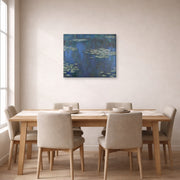 Gallery-wrapped canvas print of Claude Monet's 'Nympheas' displayed on a wall in a dining room