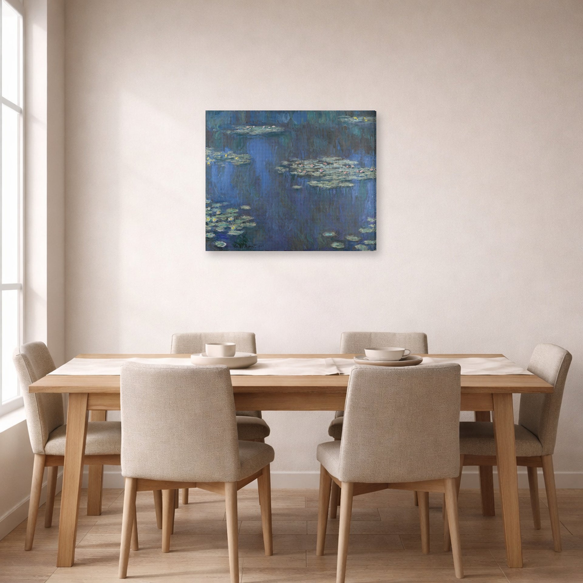 Gallery-wrapped canvas print of Claude Monet's 'Nympheas' displayed on a wall in a dining room