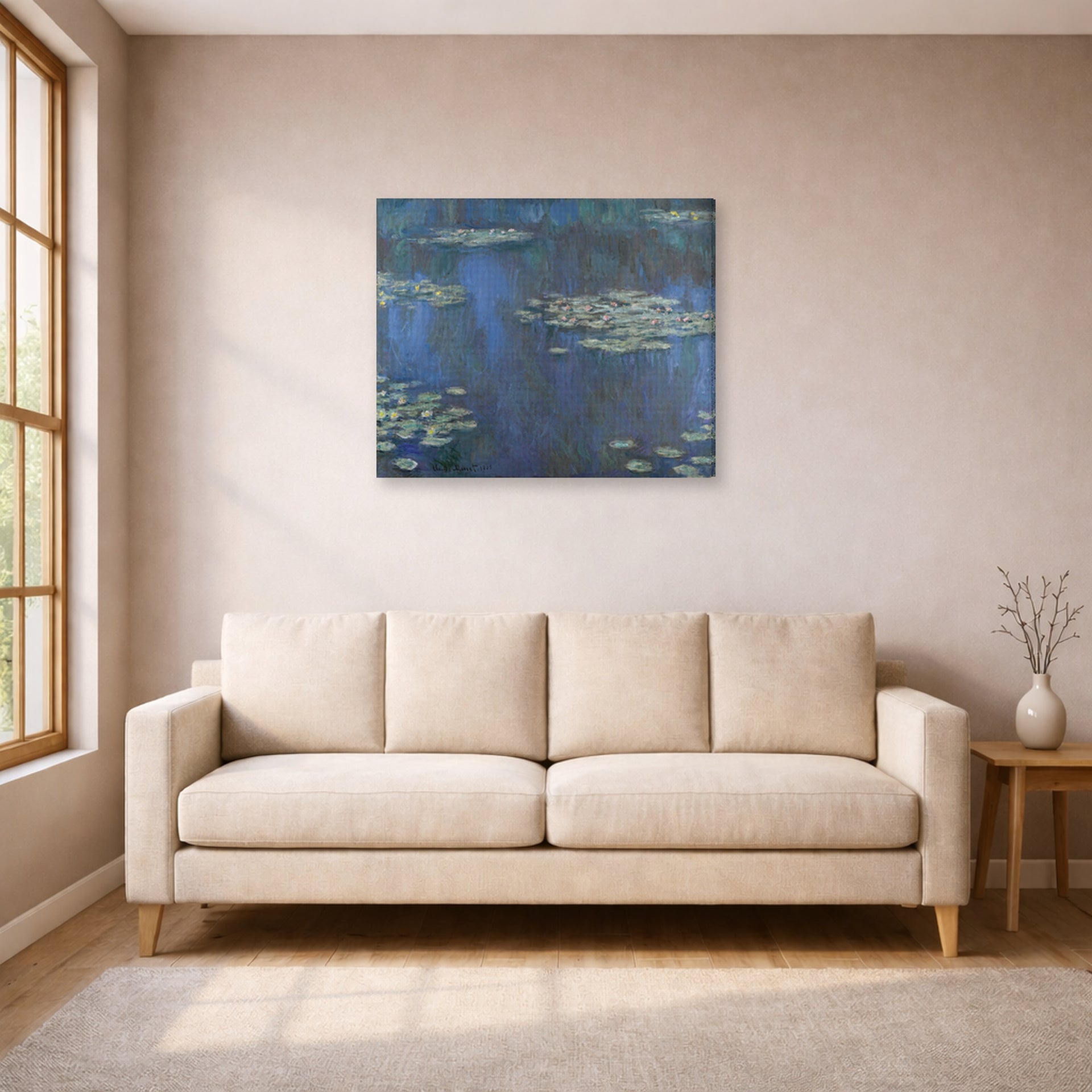 Gallery-wrapped canvas print of Claude Monet's 'Nympheas' displayed on a wall in a living room