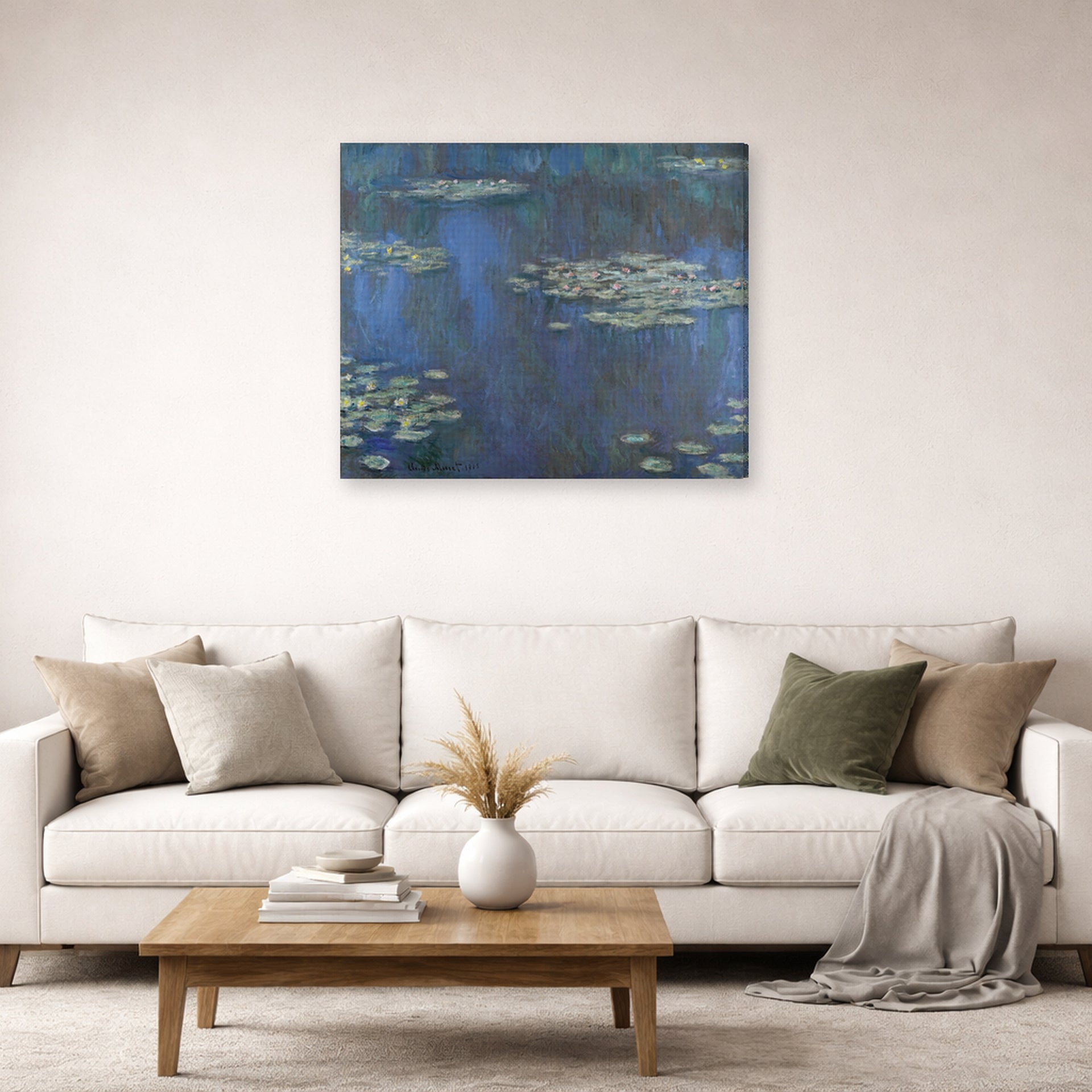 Gallery-wrapped canvas print of Claude Monet's 'Nympheas' displayed on a wall in a living room