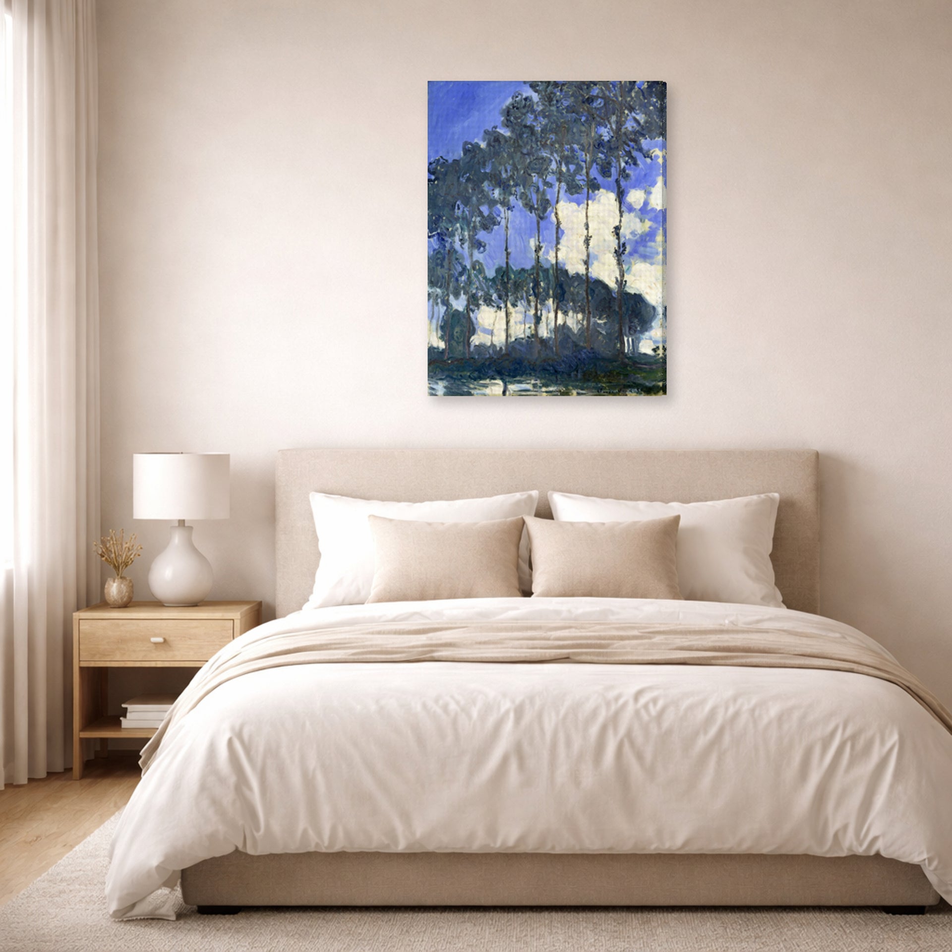 Gallery-wrapped canvas print of Claude Monet's 'Poplars on the Epte' displayed on a wall in a bedroom