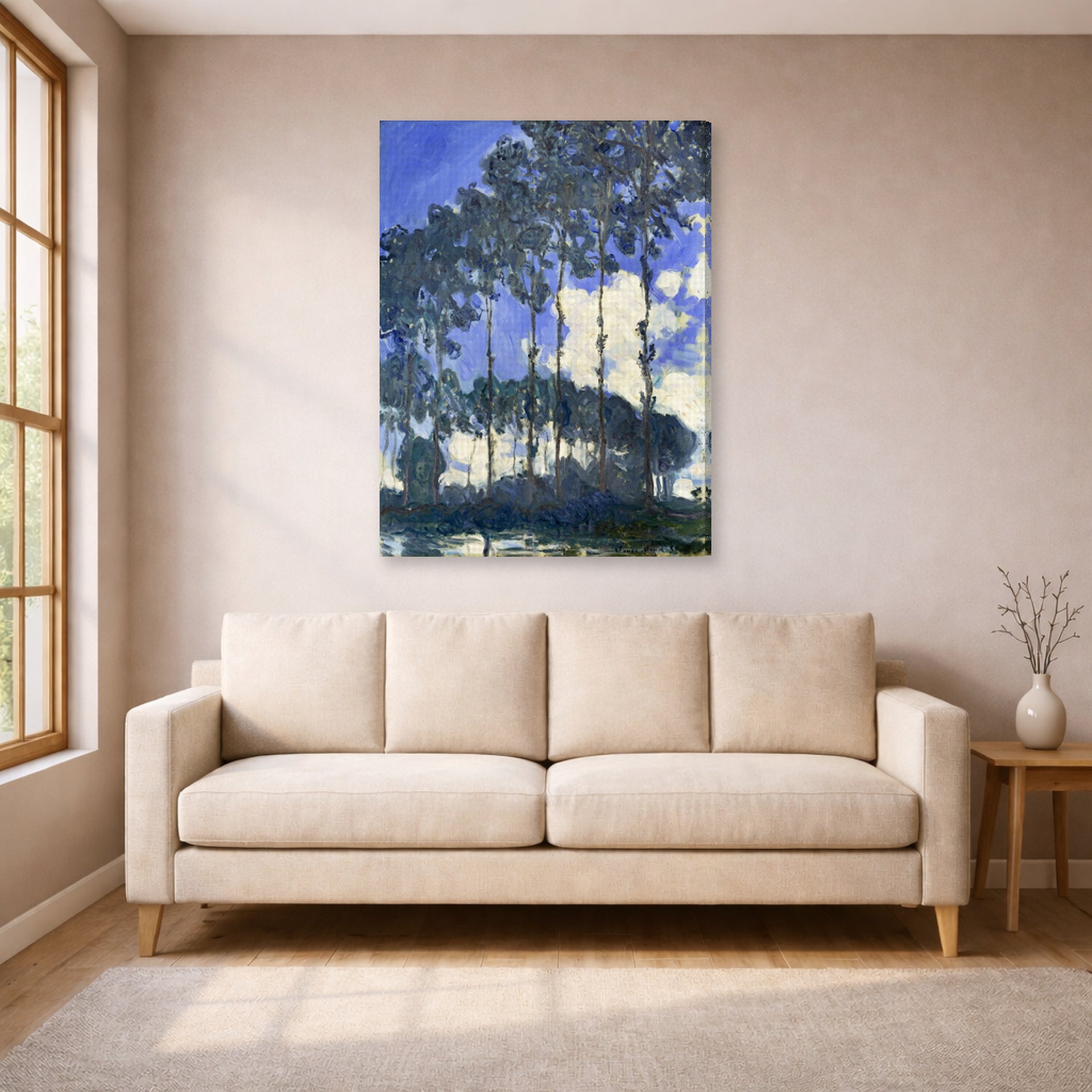Gallery-wrapped canvas print of Claude Monet's 'Poplars on the Epte' displayed on a wall in a living room