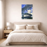 Unframed poster print of Claude Monet's 'Poplars on the Epte' displayed on a wall in a bedroom