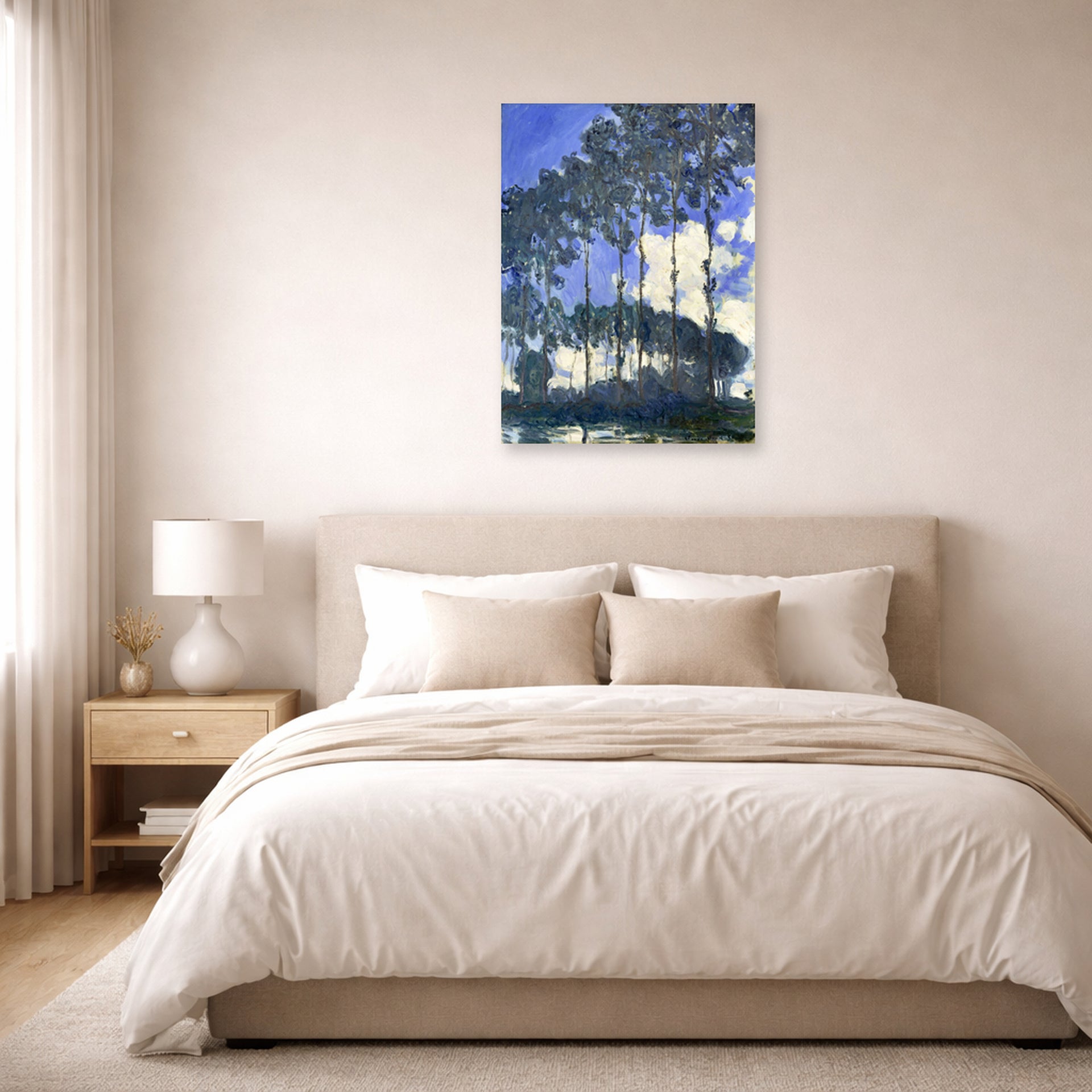 Unframed poster print of Claude Monet's 'Poplars on the Epte' displayed on a wall in a bedroom