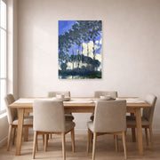 Unframed poster print of Claude Monet's 'Poplars on the Epte' displayed on a wall in a dining room