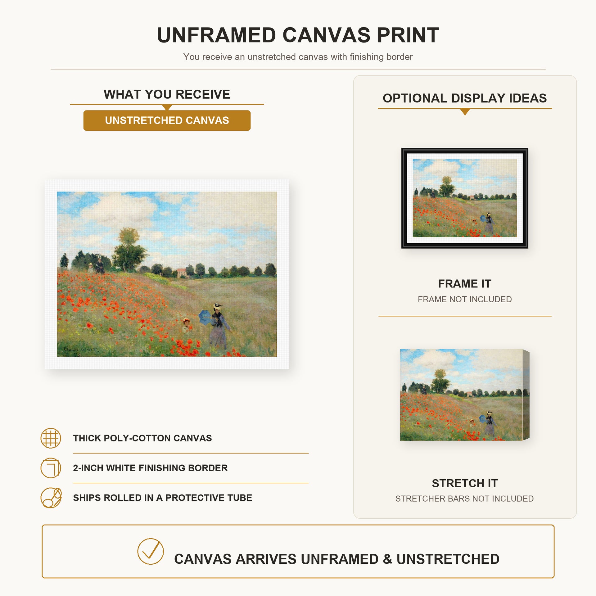 Claude Monet - Poppies near Argenteuil canvas print size comparison and framing display infographic