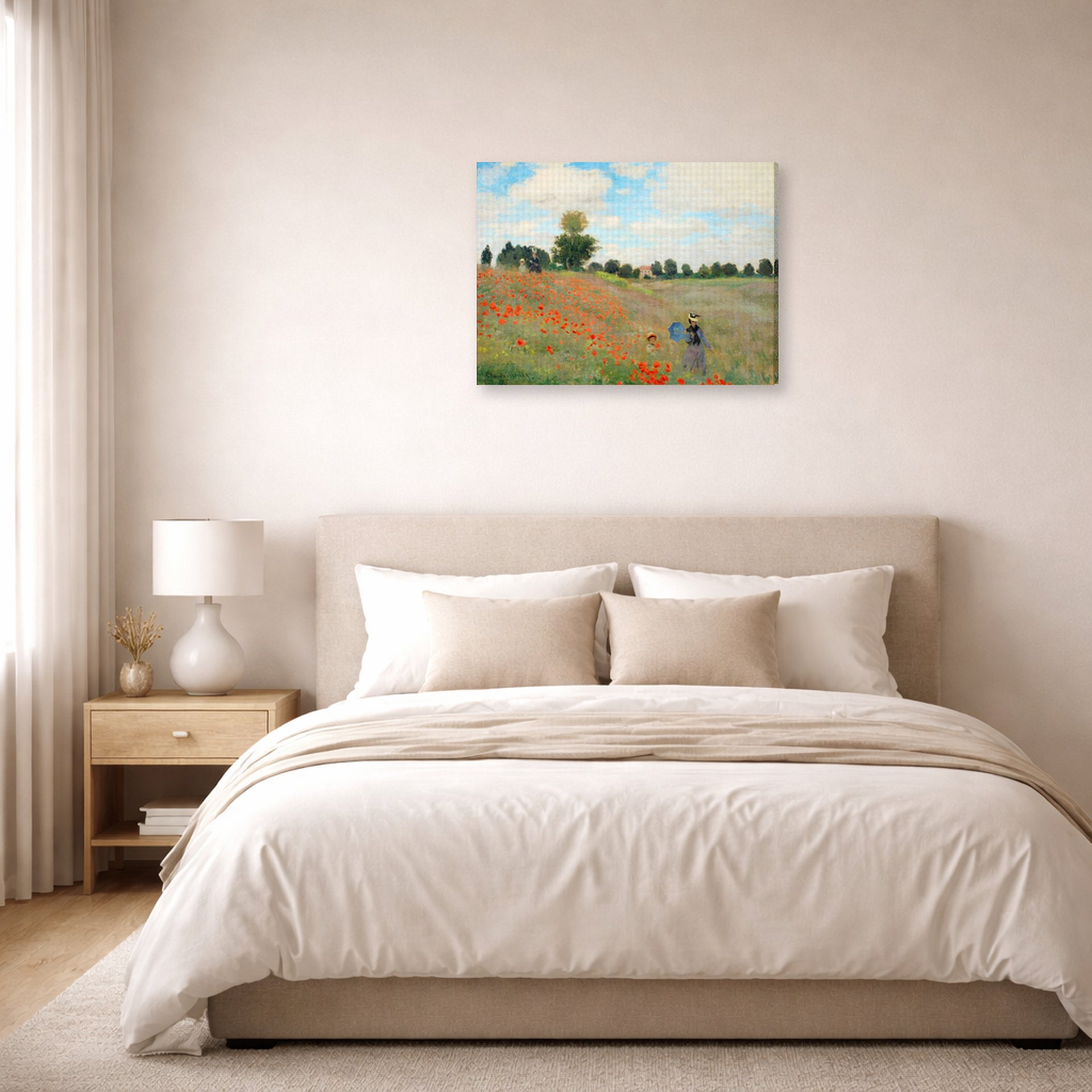 Gallery-wrapped canvas print of Claude Monet's 'Poppies near Argenteuil' displayed on a wall in a bedroom
