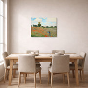 Gallery-wrapped canvas print of Claude Monet's 'Poppies near Argenteuil' displayed on a wall in a dining room