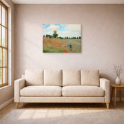 Gallery-wrapped canvas print of Claude Monet's 'Poppies near Argenteuil' displayed on a wall in a living room