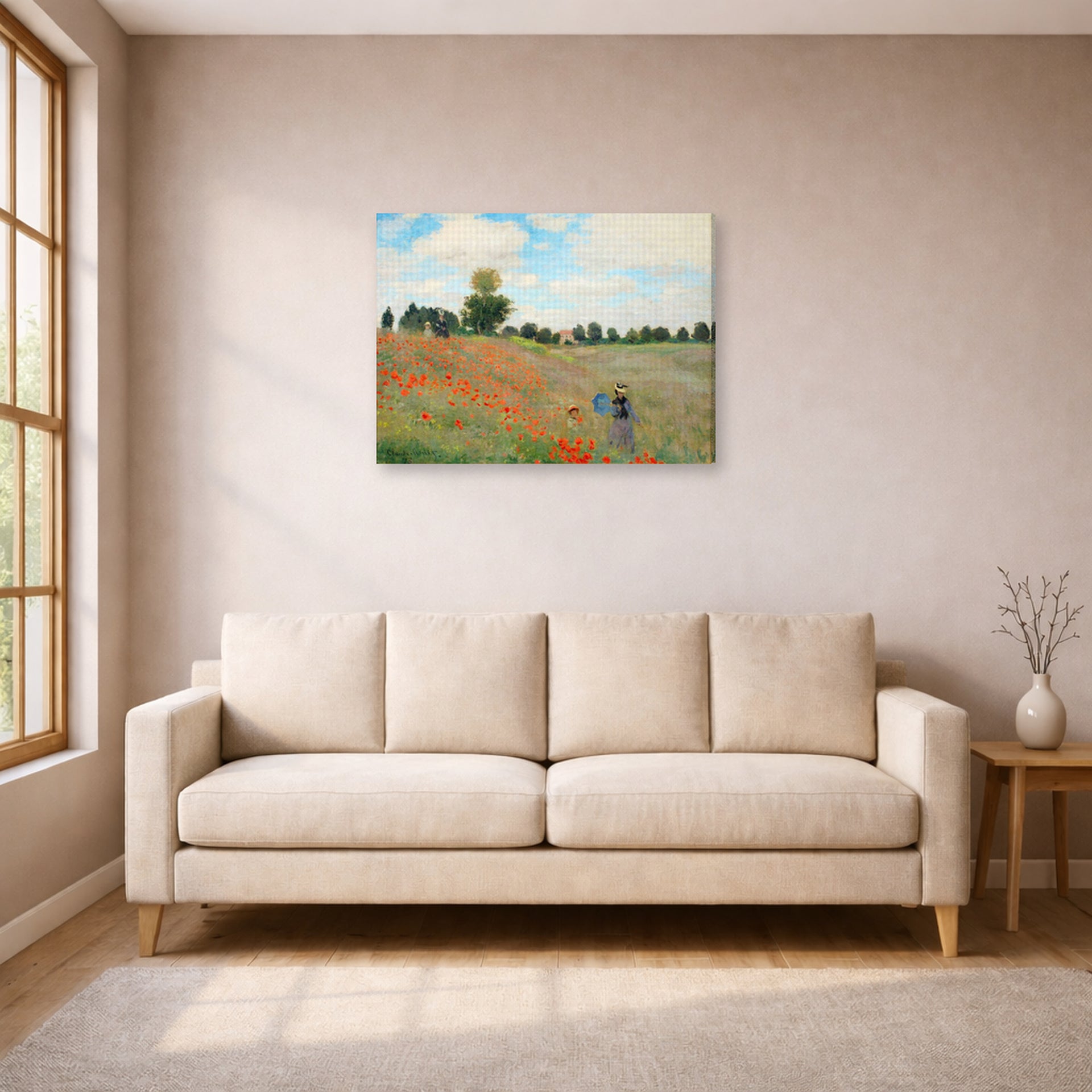 Gallery-wrapped canvas print of Claude Monet's 'Poppies near Argenteuil' displayed on a wall in a living room