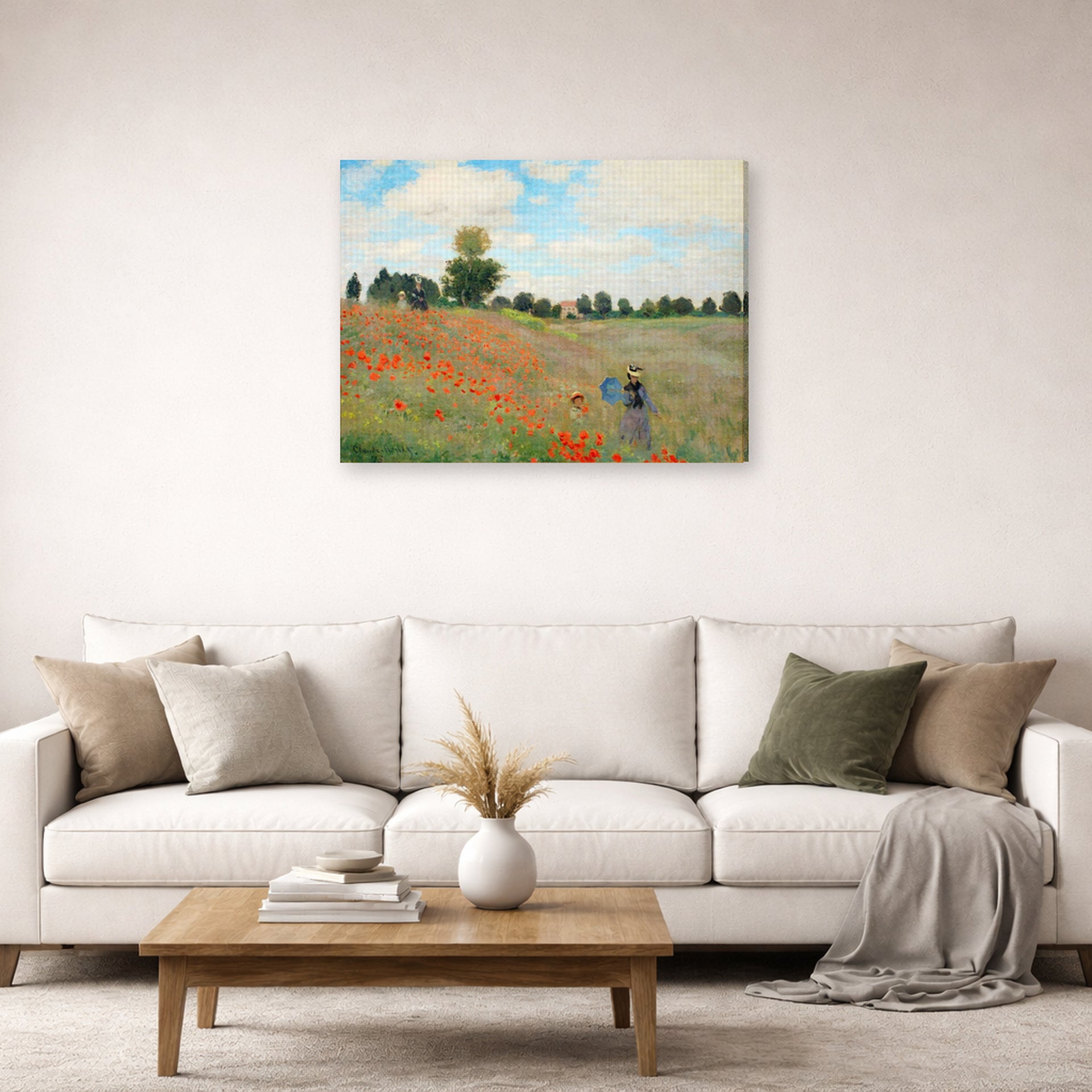 Gallery-wrapped canvas print of Claude Monet's 'Poppies near Argenteuil' displayed on a wall in a living room