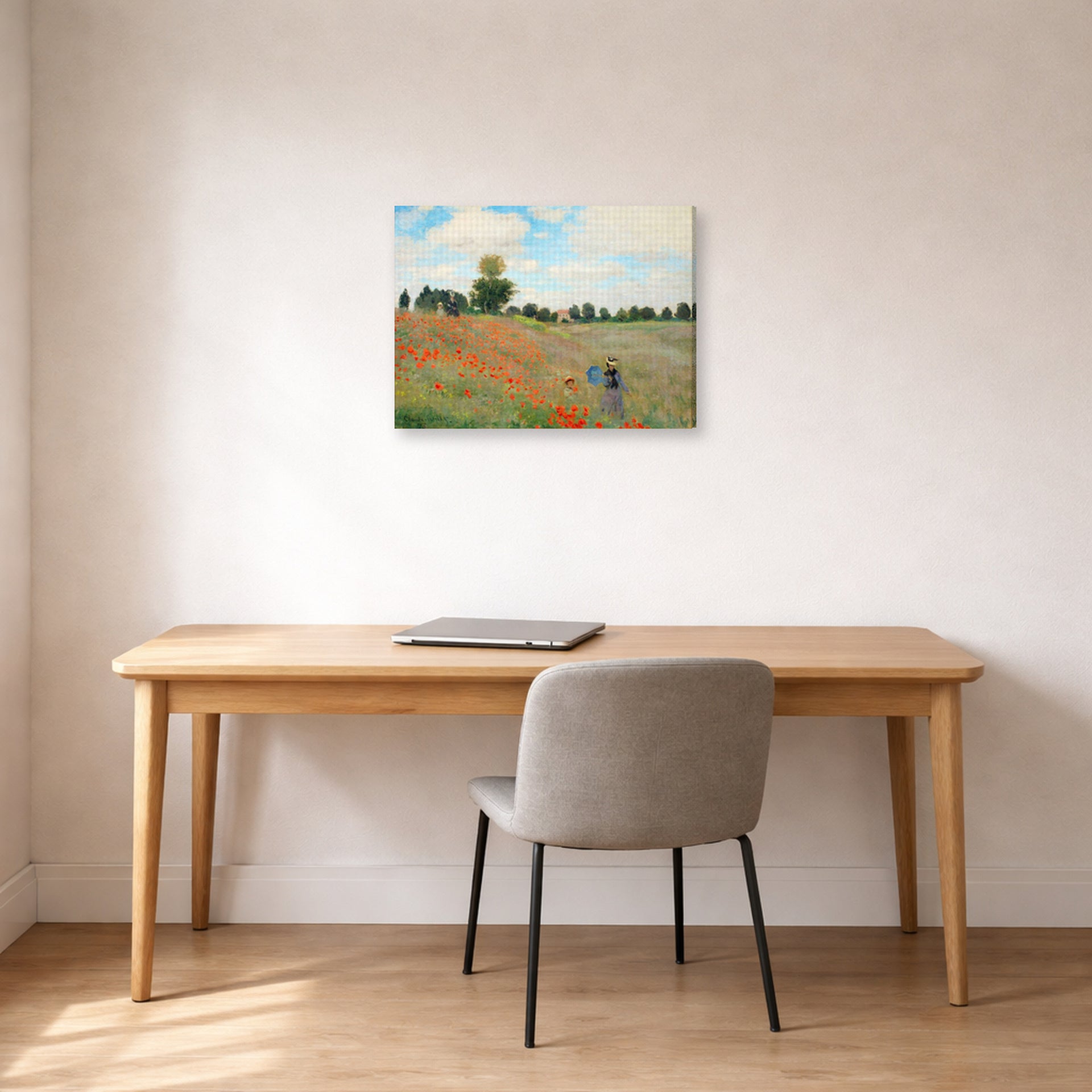 Gallery-wrapped canvas print of Claude Monet's 'Poppies near Argenteuil' displayed on a wall in a office