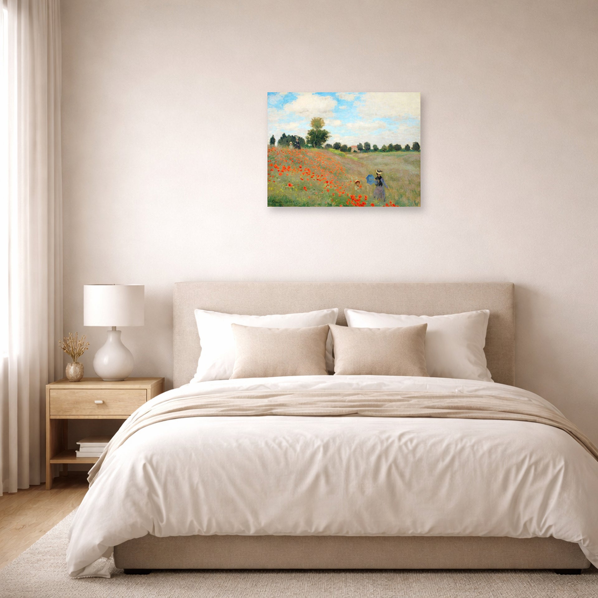 Unframed poster print of Claude Monet's 'Poppies near Argenteuil' displayed on a wall in a bedroom