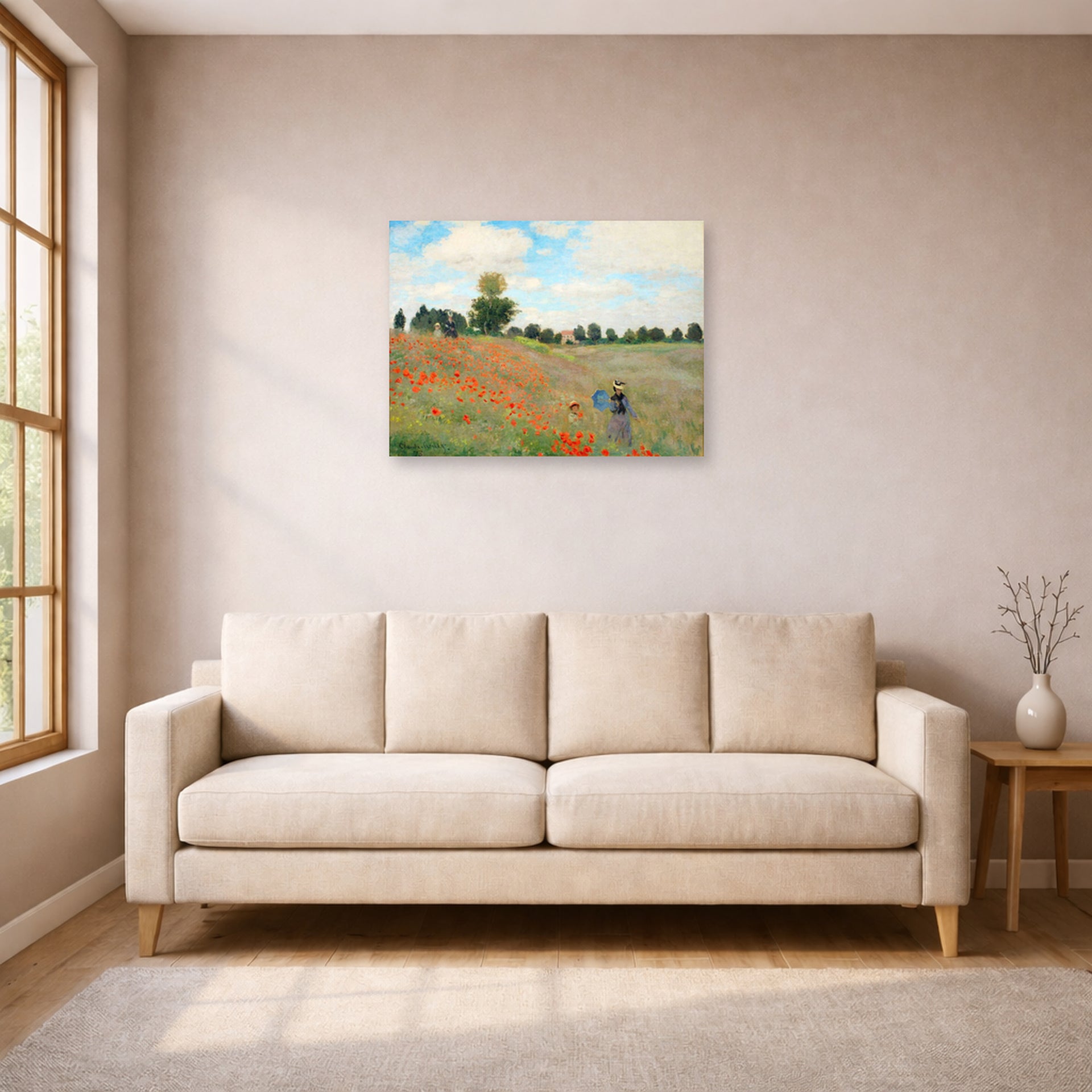 Unframed poster print of Claude Monet's 'Poppies near Argenteuil' displayed on a wall in a living room