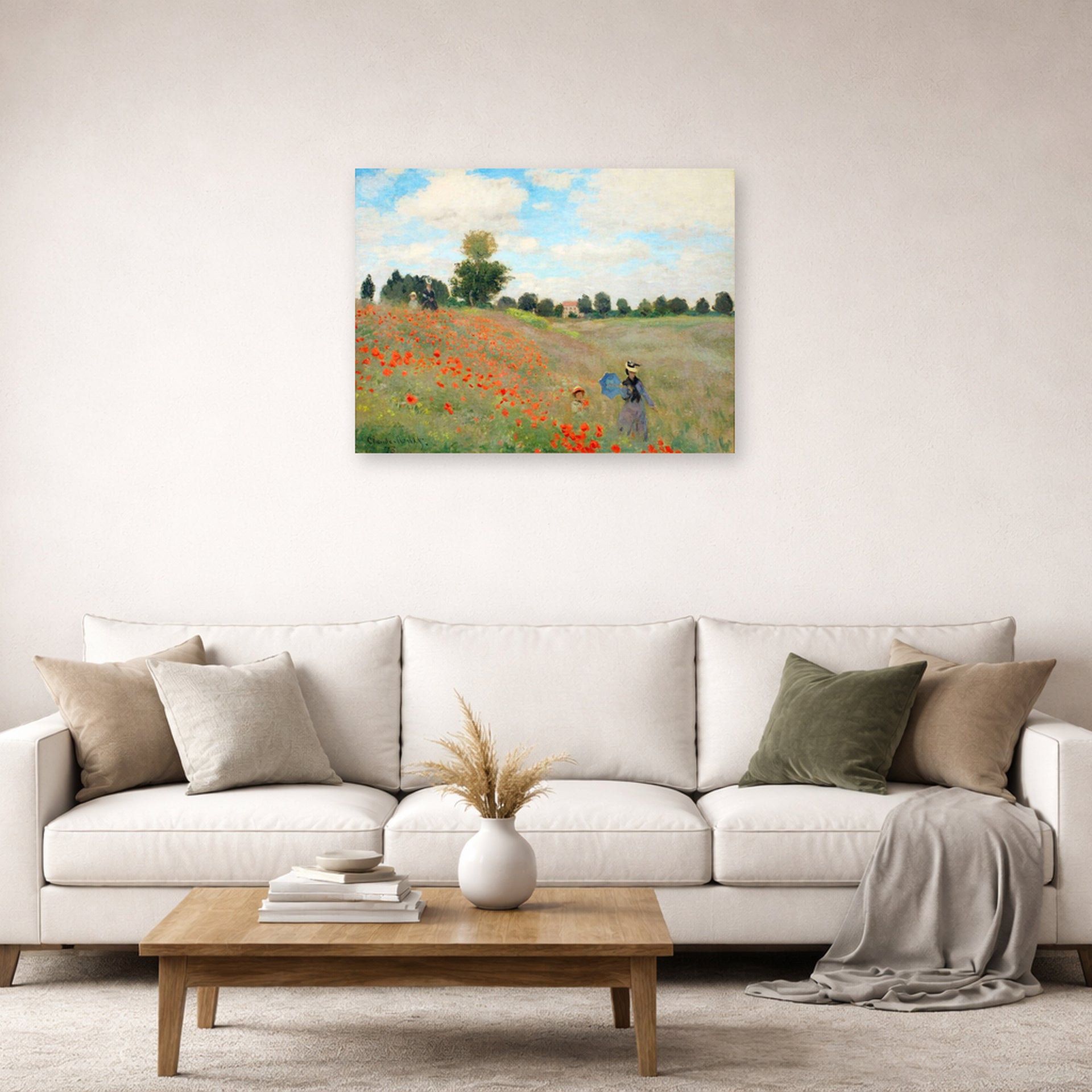Unframed poster print of Claude Monet's 'Poppies near Argenteuil' displayed on a wall in a living room