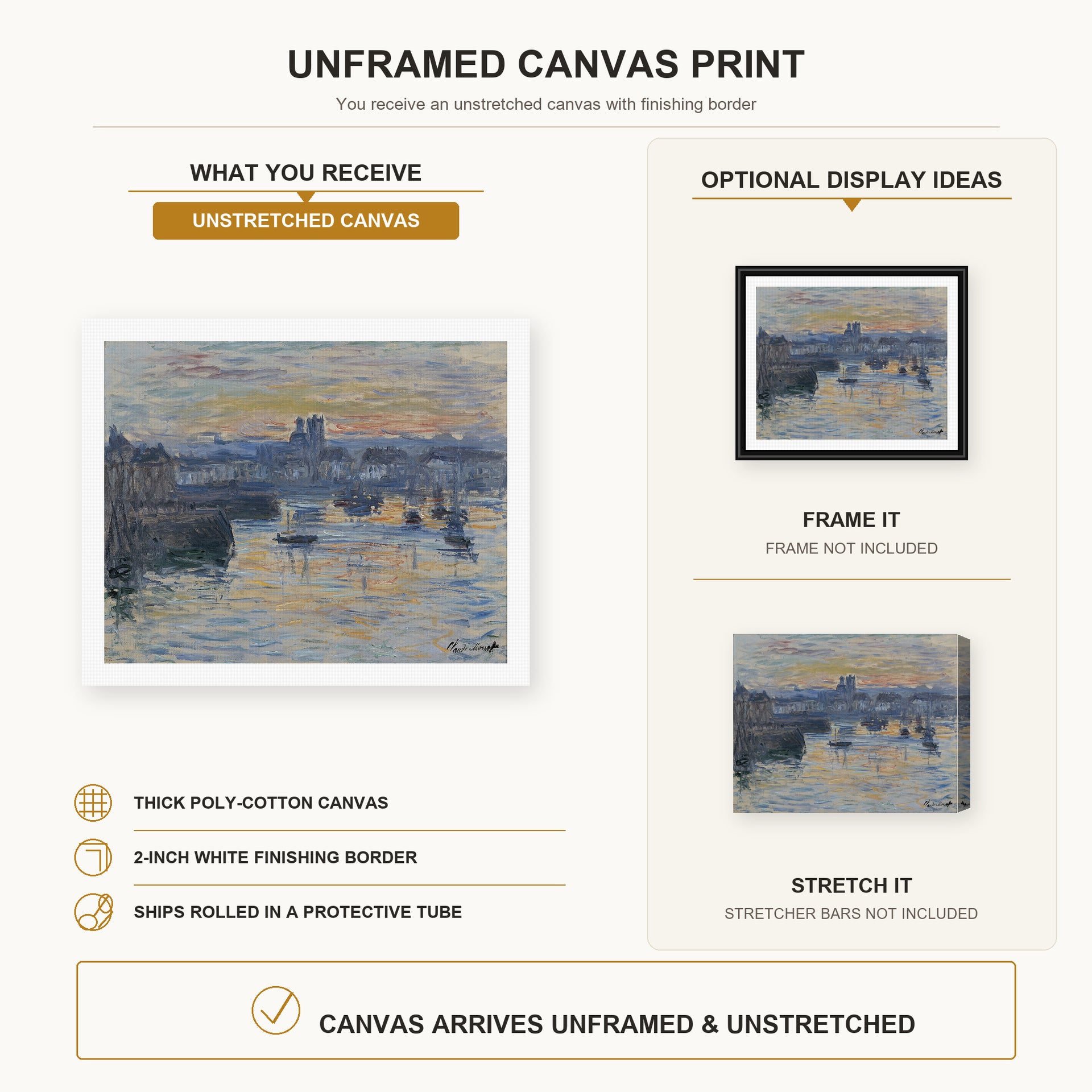 Claude Monet - Port of Dieppe, Evening canvas print size comparison and framing display infographic