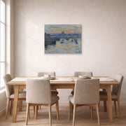 Gallery-wrapped canvas print of Claude Monet's 'Port of Dieppe, Evening' displayed on a wall in a dining room