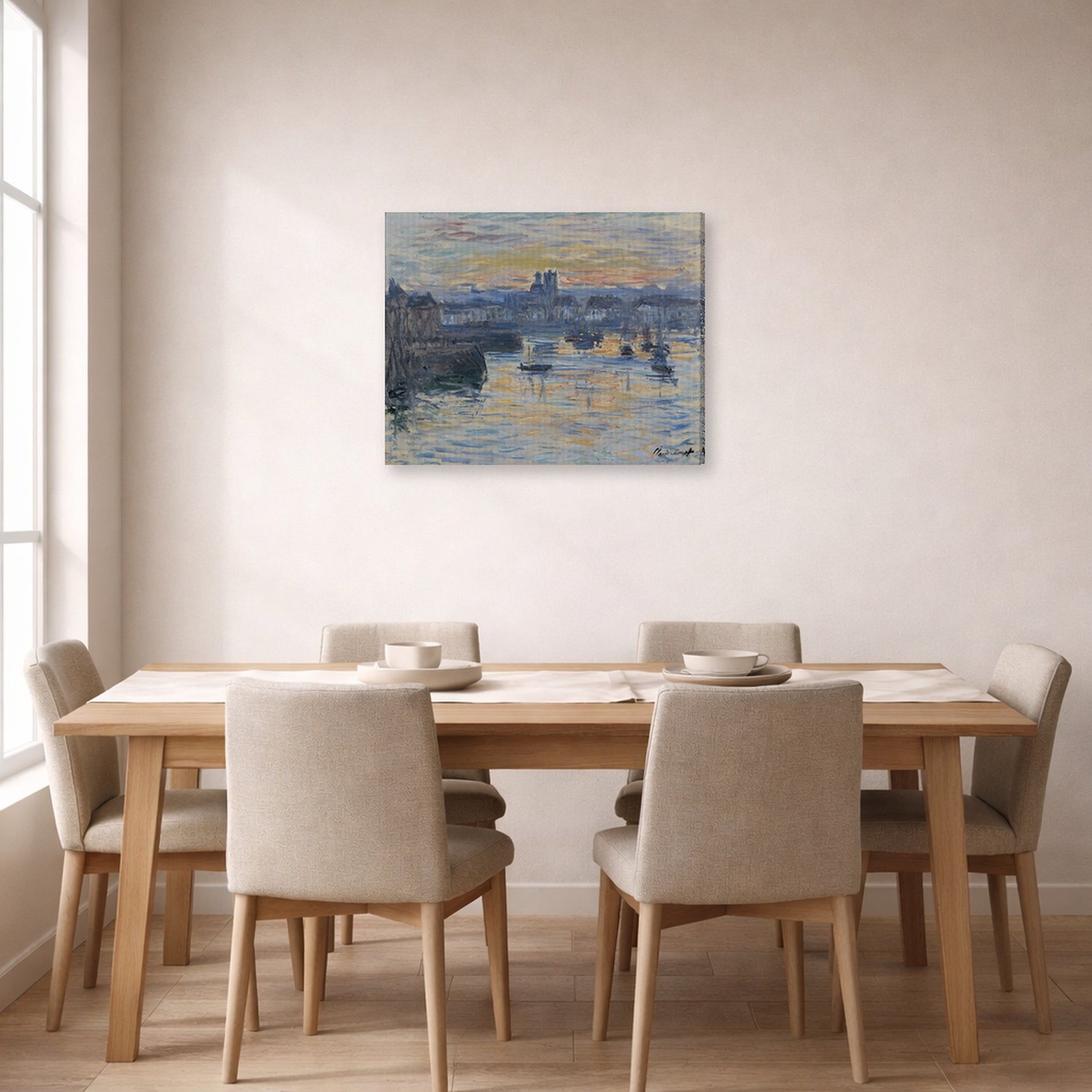 Gallery-wrapped canvas print of Claude Monet's 'Port of Dieppe, Evening' displayed on a wall in a dining room