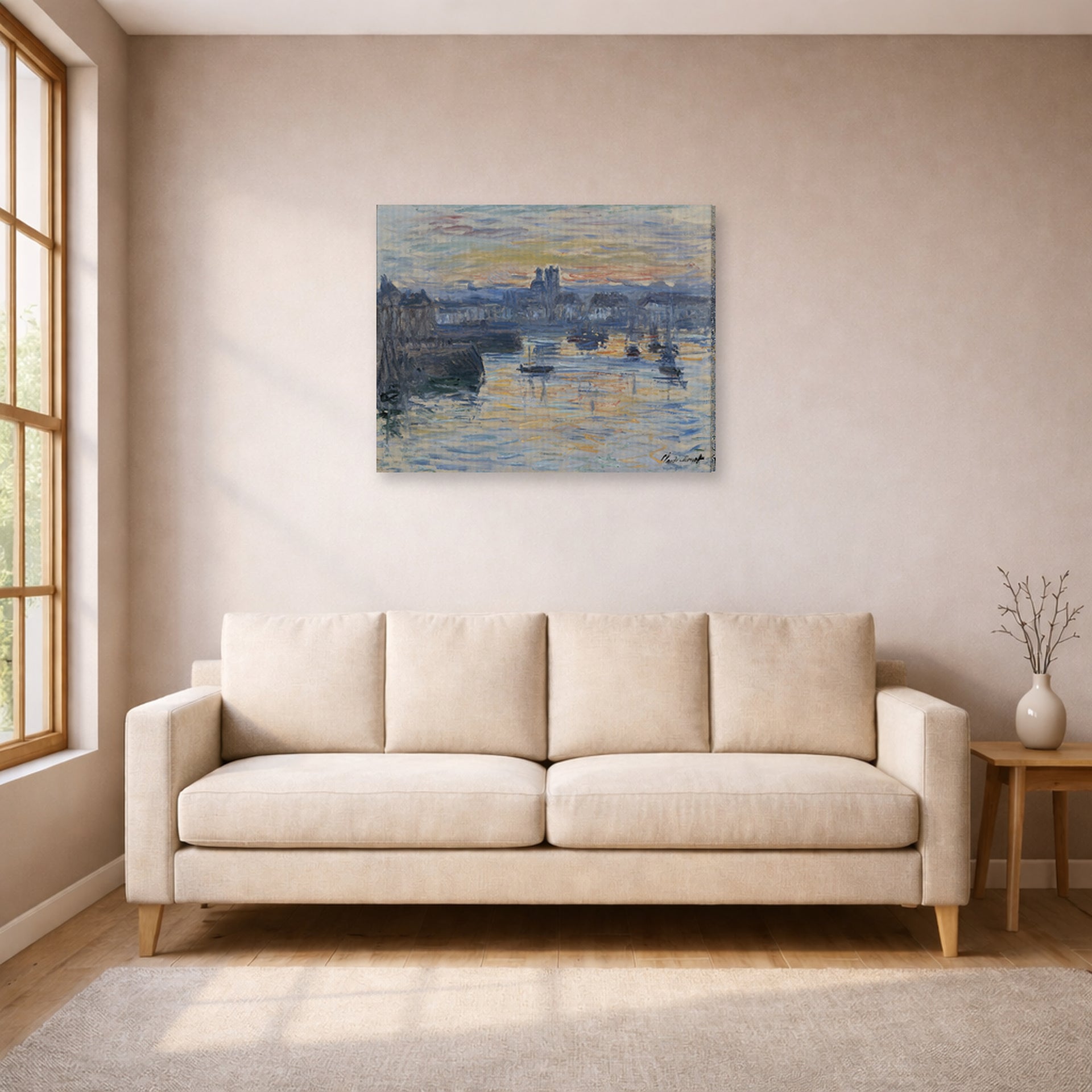 Gallery-wrapped canvas print of Claude Monet's 'Port of Dieppe, Evening' displayed on a wall in a living room