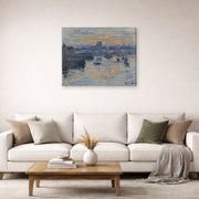 Gallery-wrapped canvas print of Claude Monet's 'Port of Dieppe, Evening' displayed on a wall in a living room