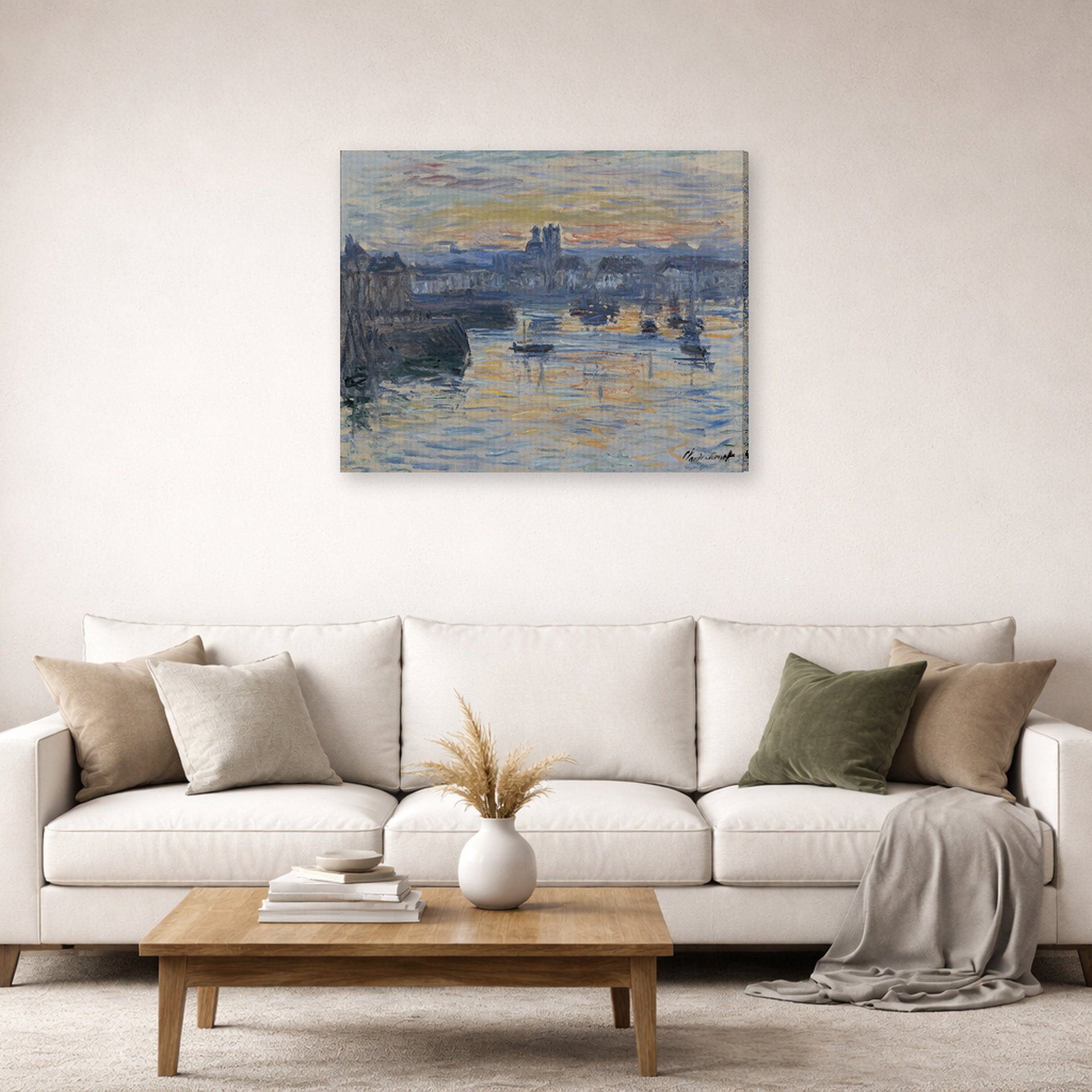 Gallery-wrapped canvas print of Claude Monet's 'Port of Dieppe, Evening' displayed on a wall in a living room