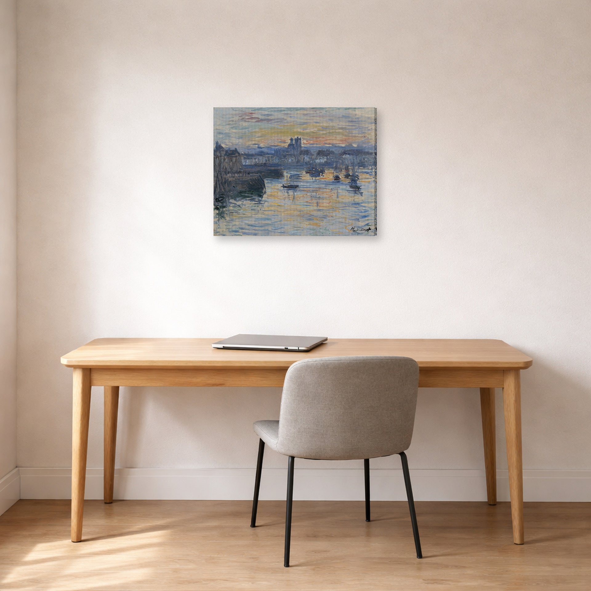 Gallery-wrapped canvas print of Claude Monet's 'Port of Dieppe, Evening' displayed on a wall in a office