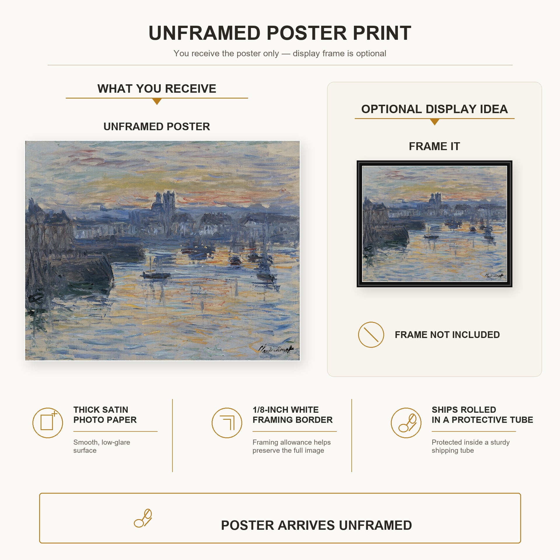 Claude Monet - Port of Dieppe, Evening poster print size comparison and framing display infographic