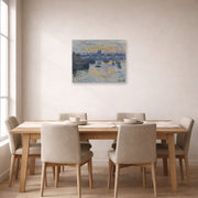 Unframed poster print of Claude Monet's 'Port of Dieppe, Evening' displayed on a wall in a dining room