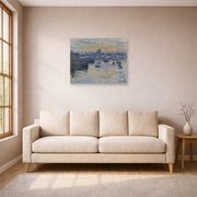 Unframed poster print of Claude Monet's 'Port of Dieppe, Evening' displayed on a wall in a living room
