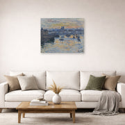 Unframed poster print of Claude Monet's 'Port of Dieppe, Evening' displayed on a wall in a living room
