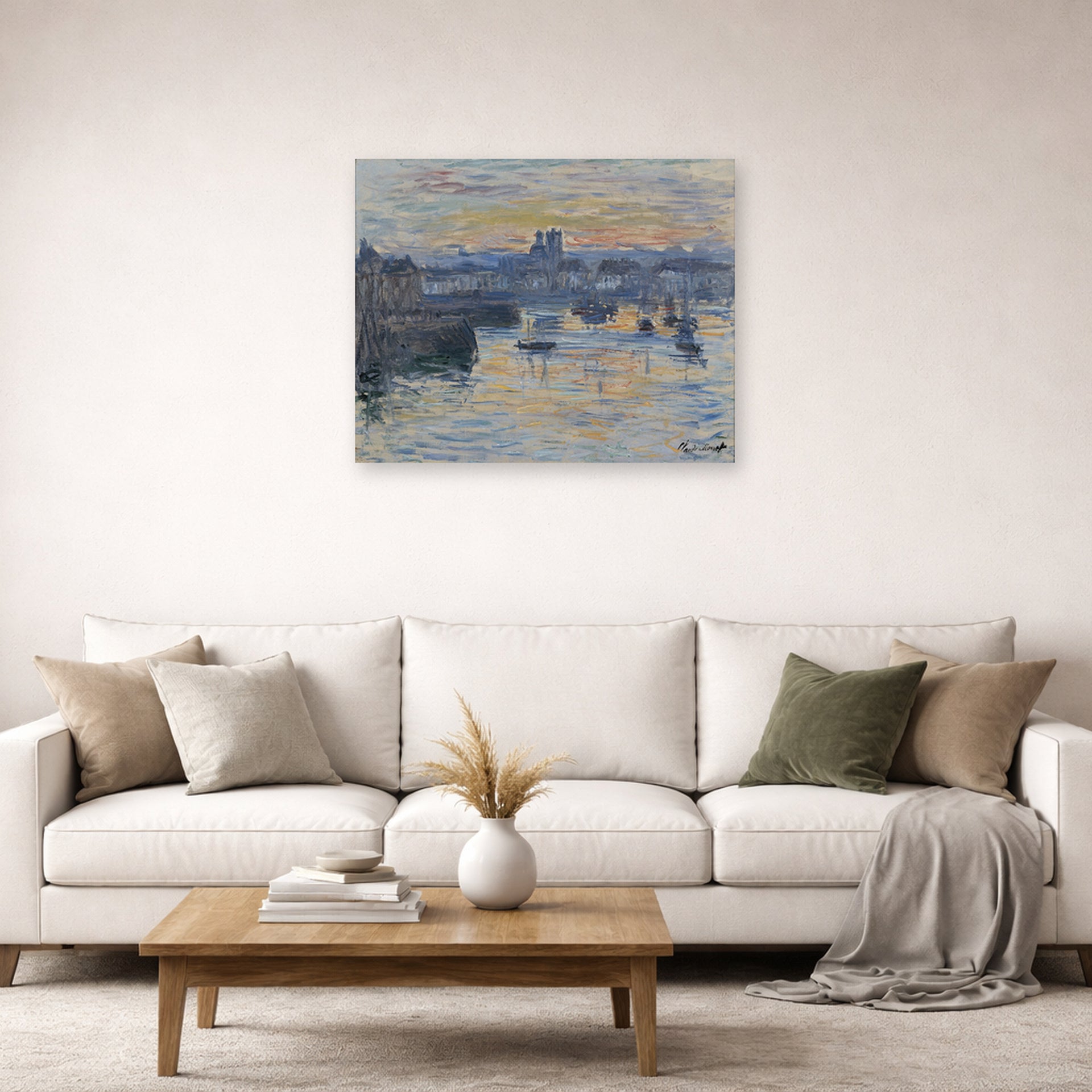 Unframed poster print of Claude Monet's 'Port of Dieppe, Evening' displayed on a wall in a living room