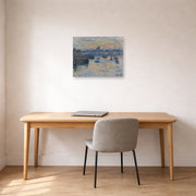 Unframed poster print of Claude Monet's 'Port of Dieppe, Evening' displayed on a wall in a office