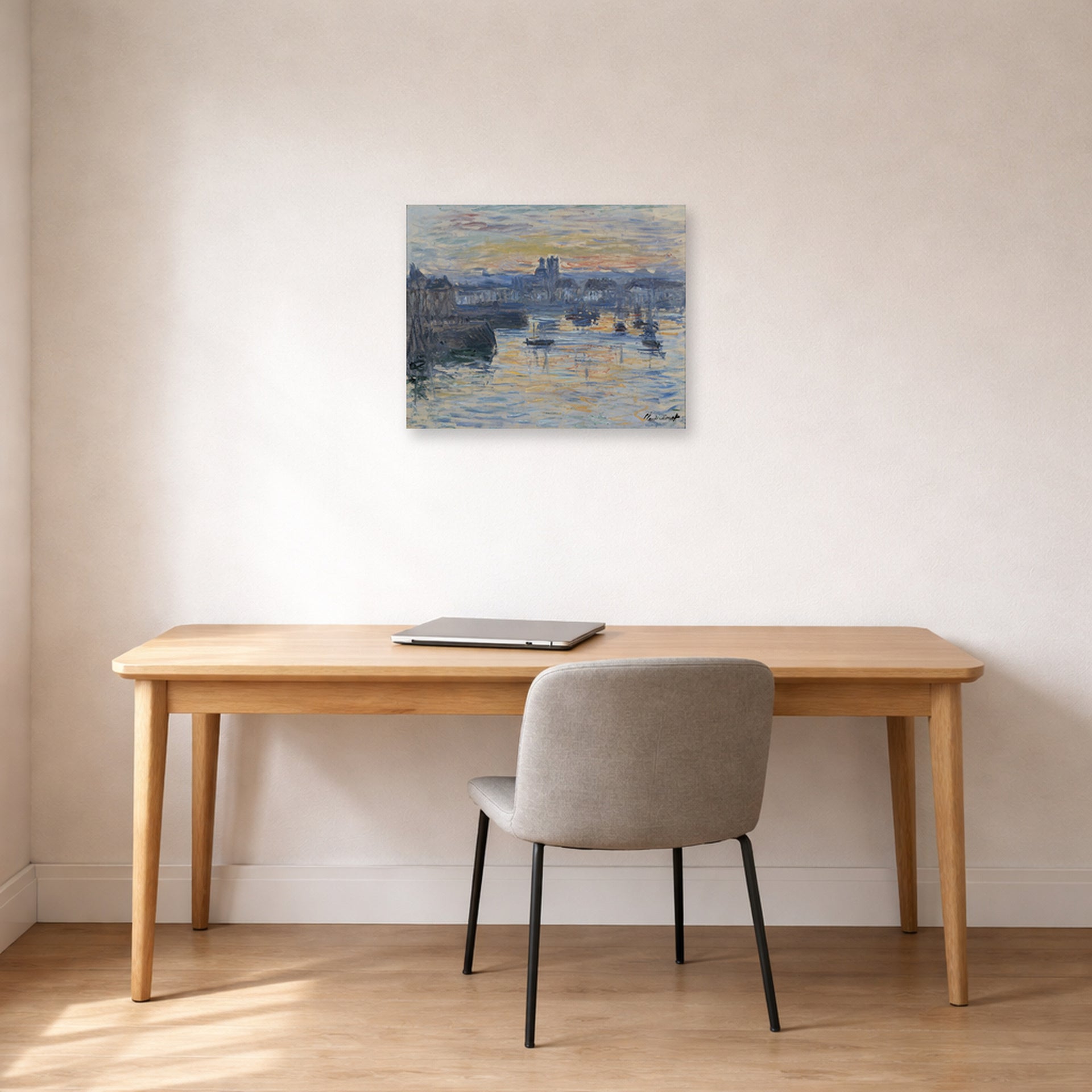 Unframed poster print of Claude Monet's 'Port of Dieppe, Evening' displayed on a wall in a office