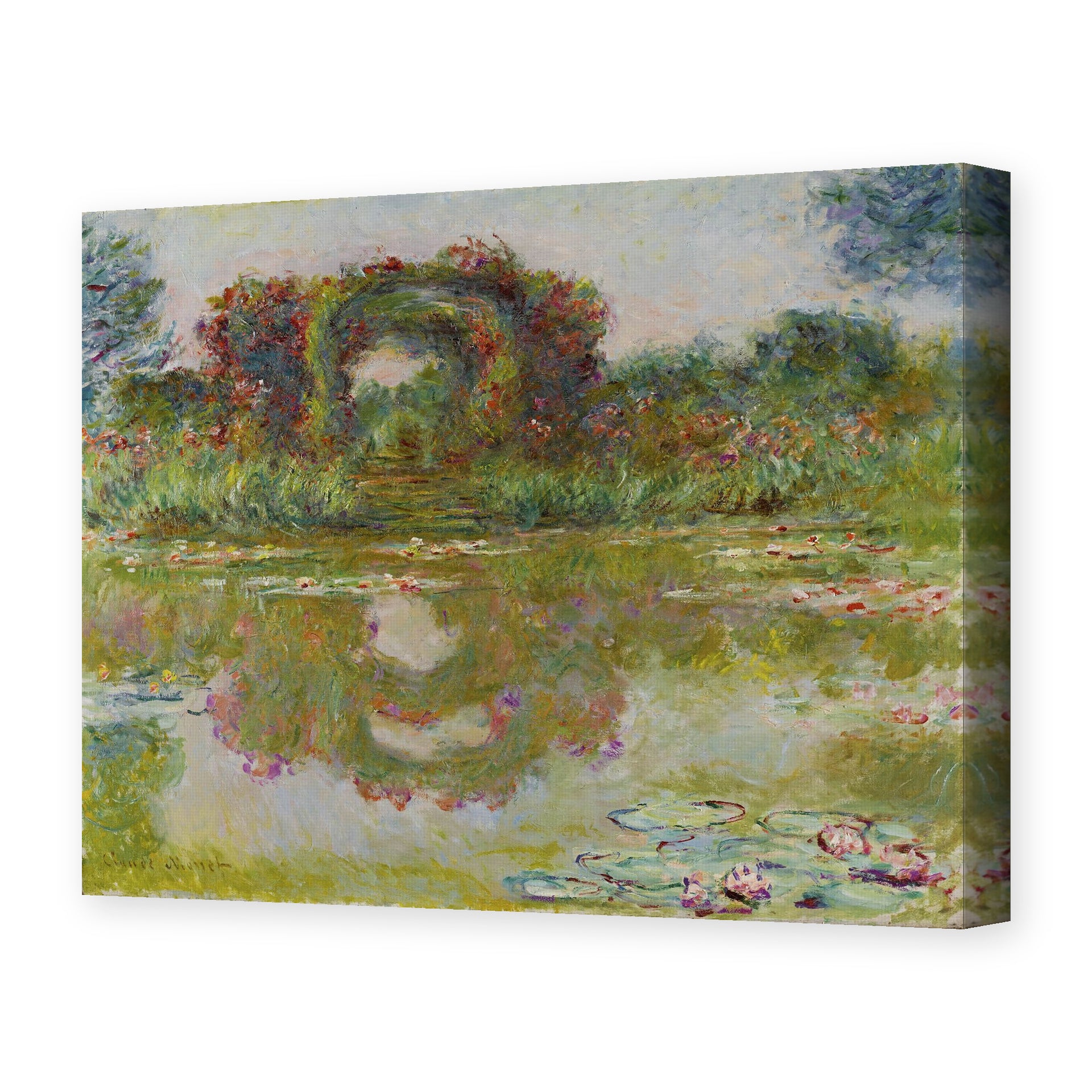 Claude Monet's 'Rose Arches at Giverny' painting reproduced as a gallery-wrapped canvas print
