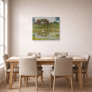 Gallery-wrapped canvas print of Claude Monet's 'Rose Arches at Giverny' displayed on a wall in a dining room