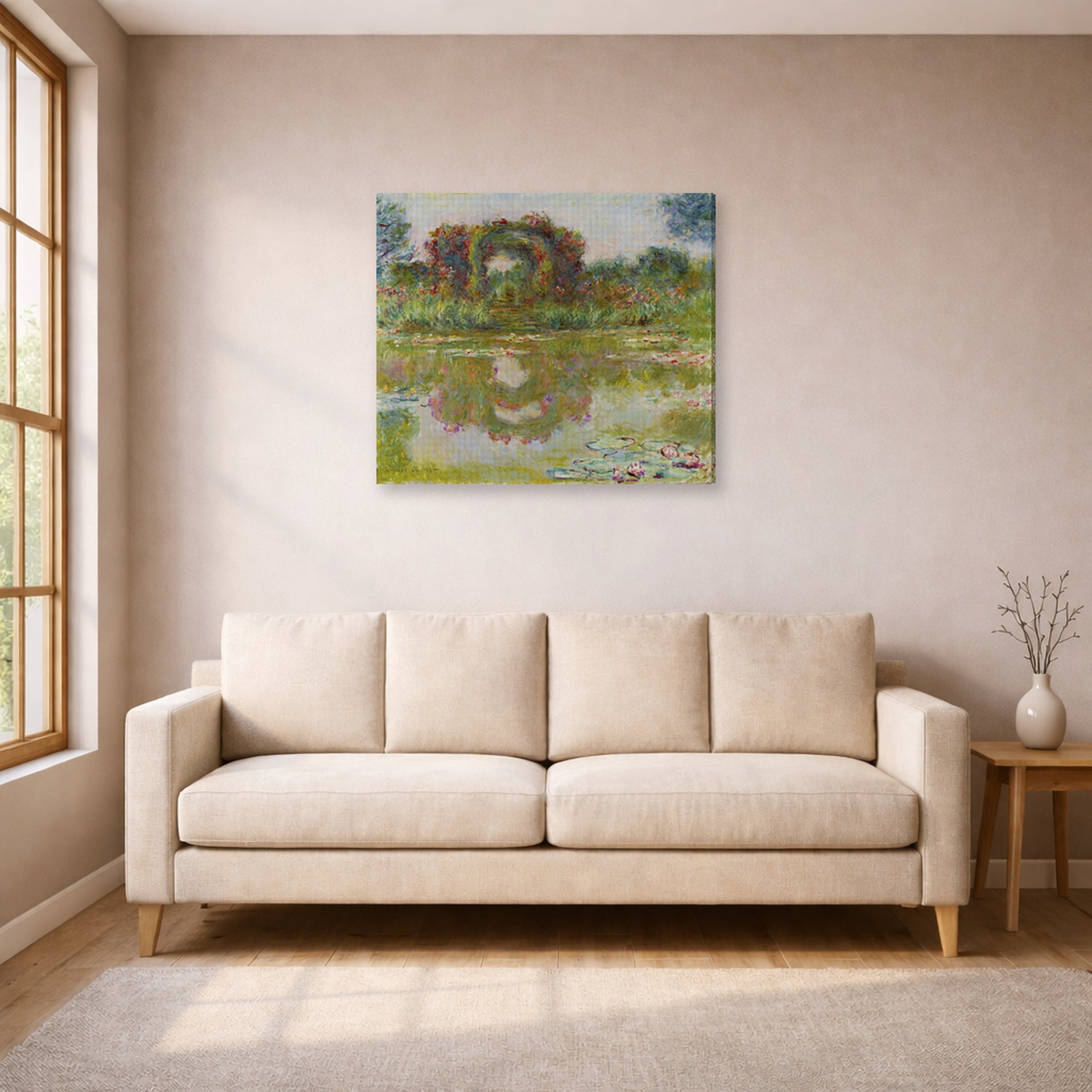 Gallery-wrapped canvas print of Claude Monet's 'Rose Arches at Giverny' displayed on a wall in a living room