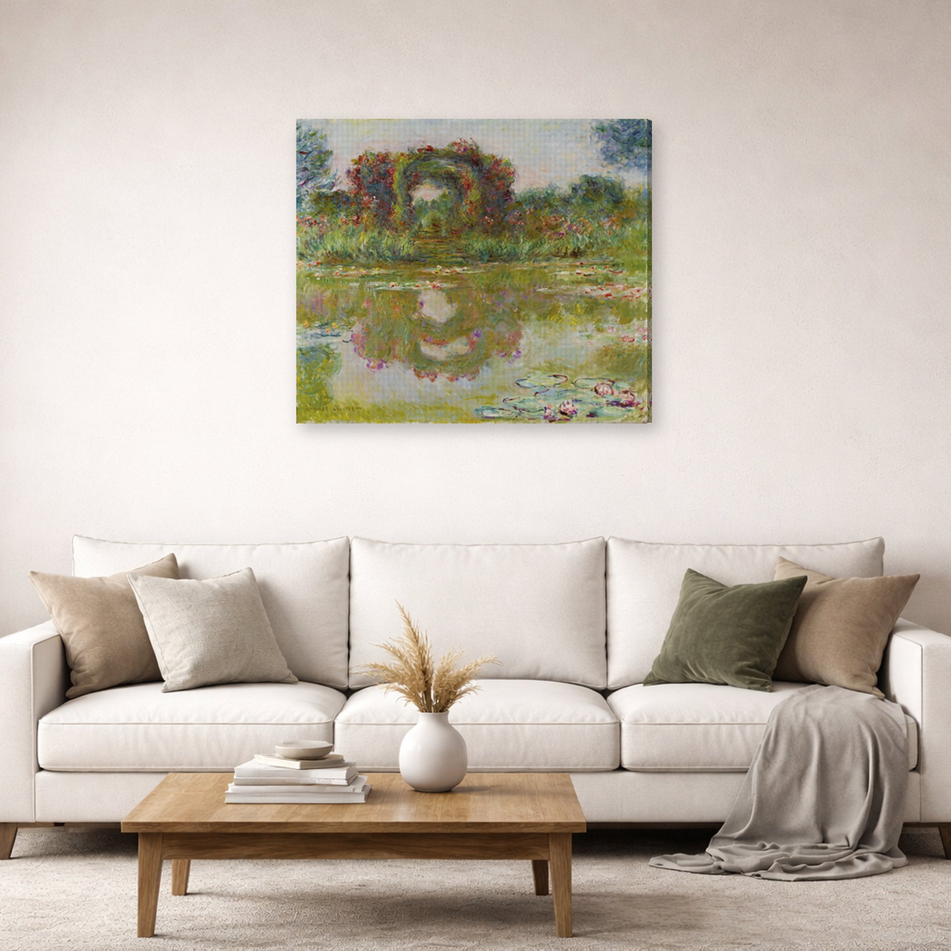 Gallery-wrapped canvas print of Claude Monet's 'Rose Arches at Giverny' displayed on a wall in a living room