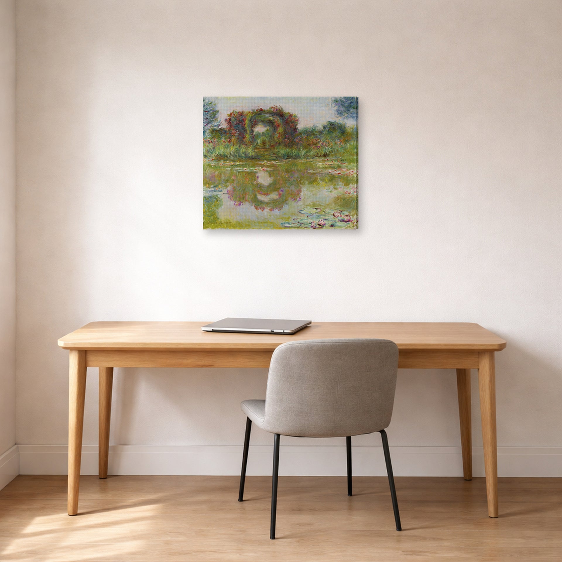 Gallery-wrapped canvas print of Claude Monet's 'Rose Arches at Giverny' displayed on a wall in a office