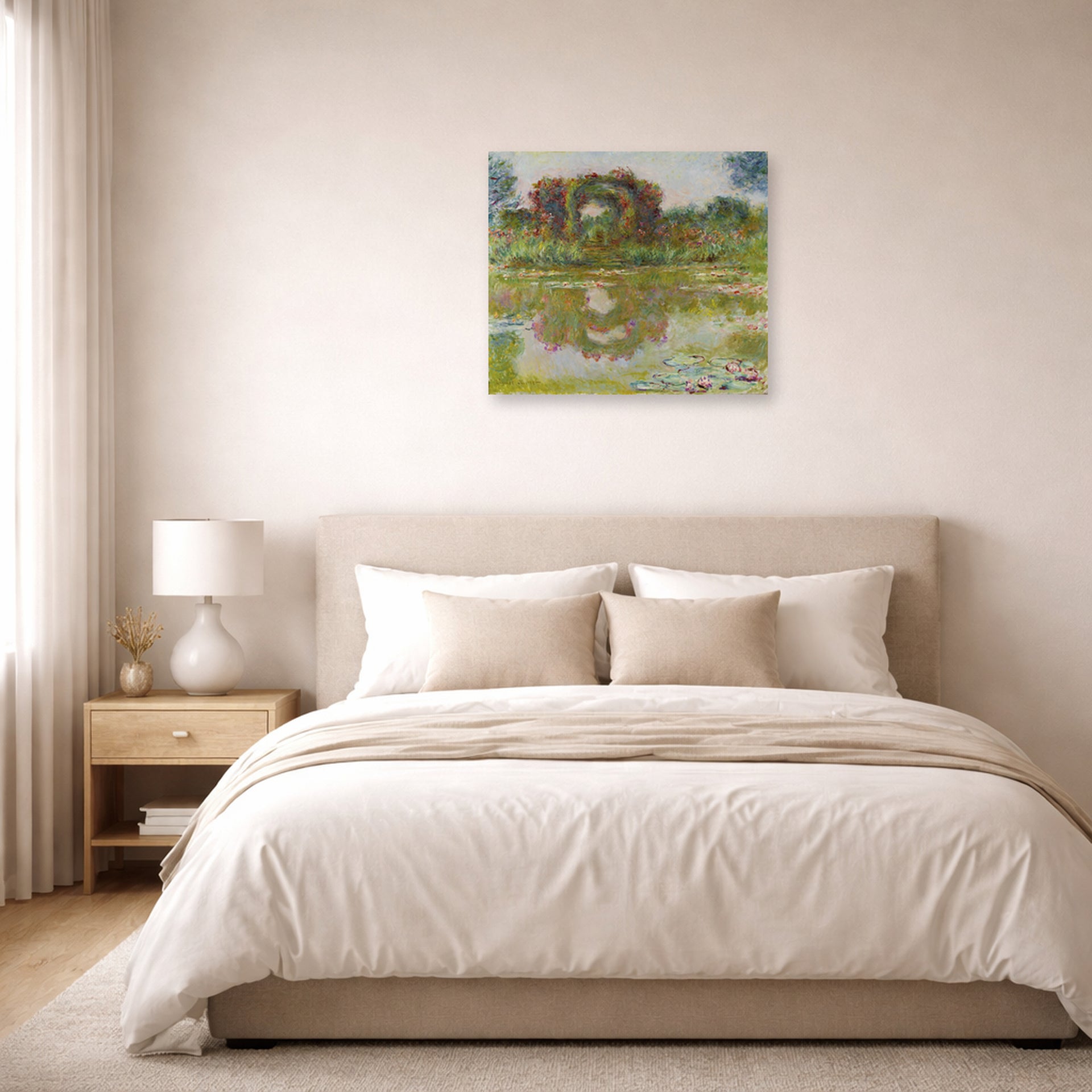 Unframed poster print of Claude Monet's 'Rose Arches at Giverny' displayed on a wall in a bedroom
