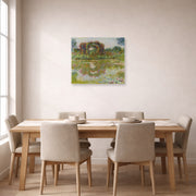 Unframed poster print of Claude Monet's 'Rose Arches at Giverny' displayed on a wall in a dining room
