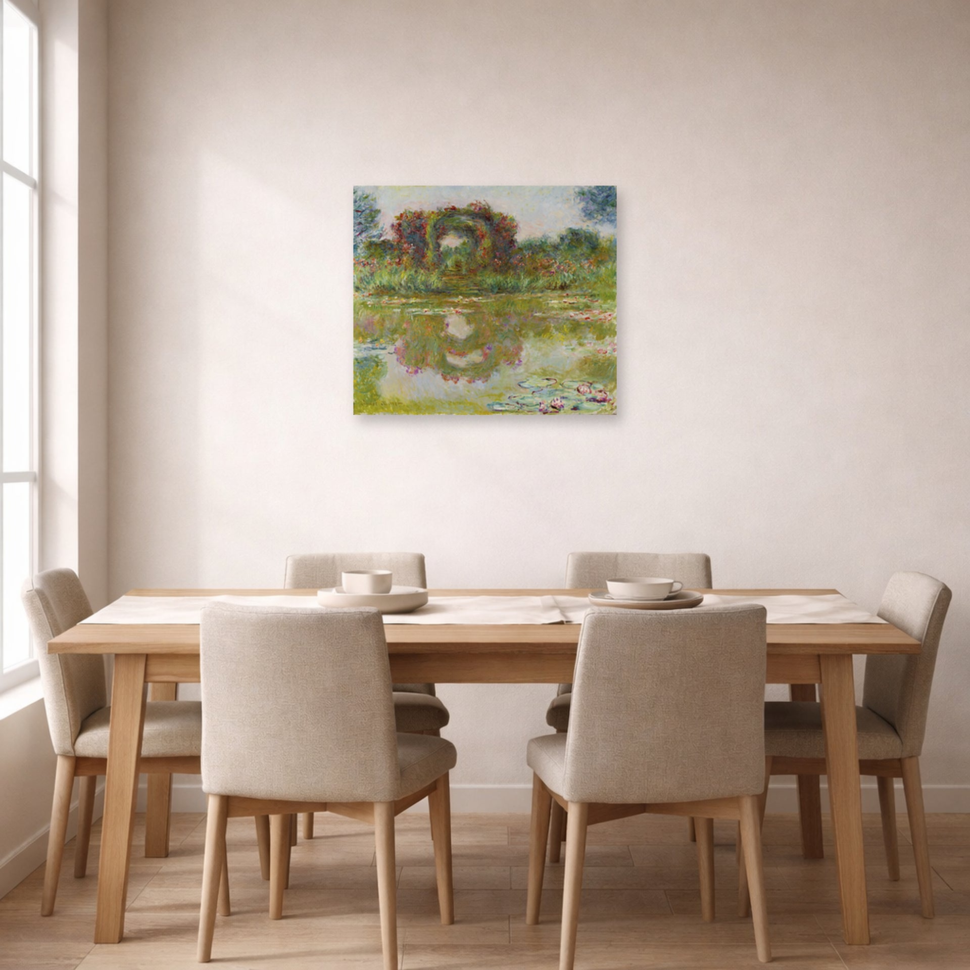 Unframed poster print of Claude Monet's 'Rose Arches at Giverny' displayed on a wall in a dining room
