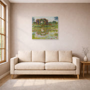 Unframed poster print of Claude Monet's 'Rose Arches at Giverny' displayed on a wall in a living room